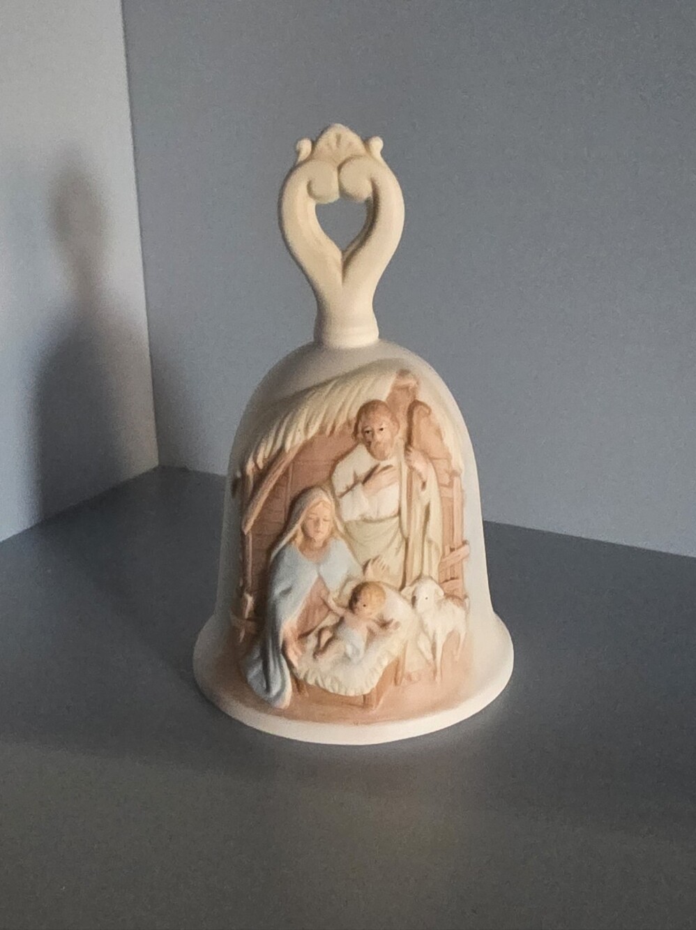 Homco Cream Porcelain Nativity Bell with Pastel Accents